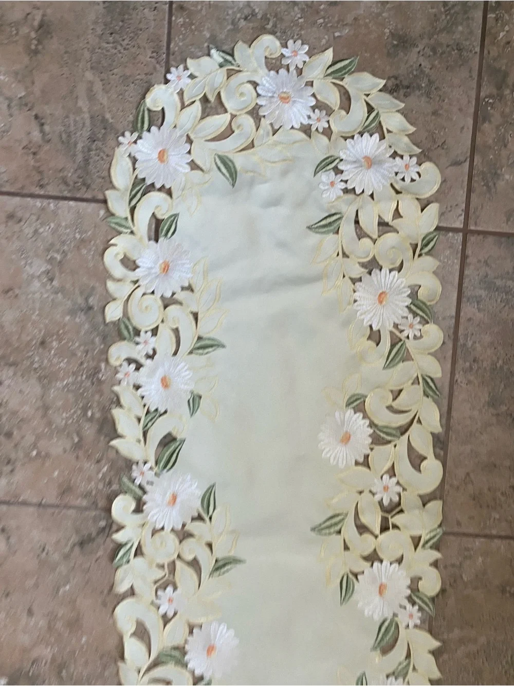Yellow Embroidered Floral Cut Work Lace Center Cottagevore Table Runner 44x15